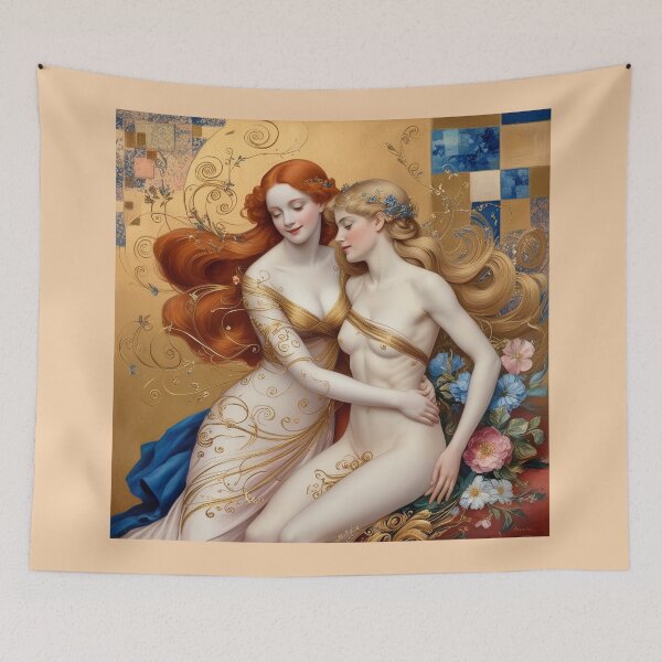Item preview, Beautiful painting of two  Art Nouveau Renaissance Impressionistic women together after Gustav Klimt designed and sold by Vintage Designs +.