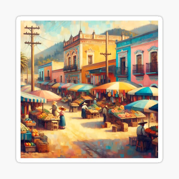 Vista previa del artículo con la obra «Ilustración tradicional de un mercado mexicano», diseñado y vendido por dulceguavashop.