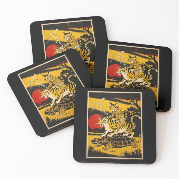 Item preview, Vintage Asian Tiger Cat Retro Tattooed Cat Riding Tiger Turtle Art designed and sold by Mystikos Art.