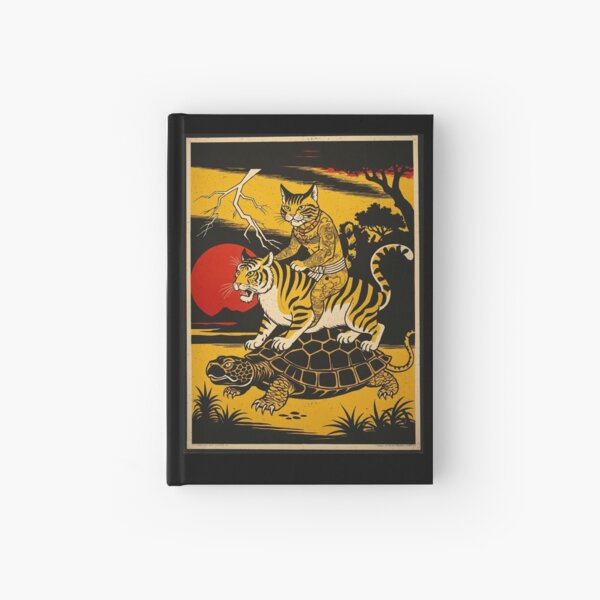 Aperçu de l'œuvre Chat tigre asiatique vintage, chat tatoué rétro chevauchant une tortue tigre créée et vendue par Mystikos Art.