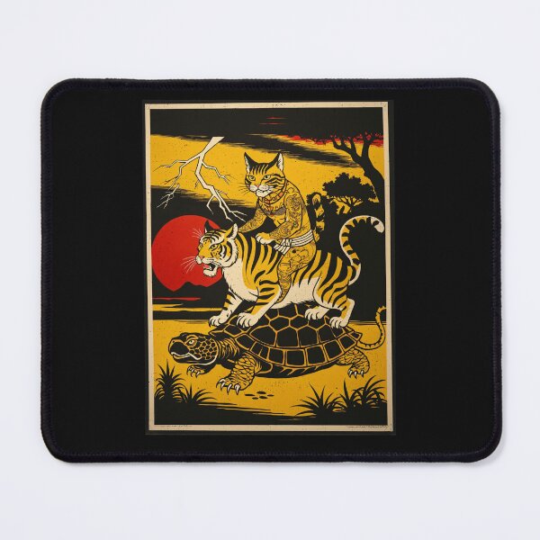 Item preview, Vintage Asian Tiger Cat Retro Tattooed Cat Riding Tiger Turtle Art designed and sold by Mystikos Art.