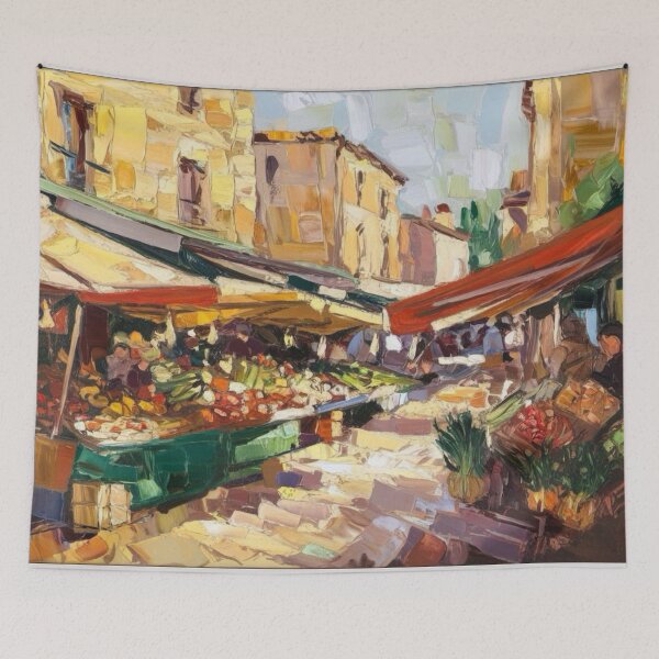Item preview, Vibrant French Market in Sarlat-la-Canéda – Post-Impressionist Artwork designed and sold by CARRAANN.