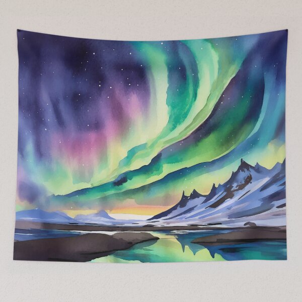 Artikelvorschau, Nordlichter Island Aquarell entworfen und verkauft von Magnolia Valley Art.