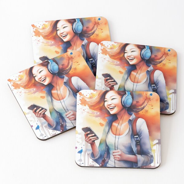 Item preview, A vibrant artwork depicts a young girl immersed in music, wearing headphones and holding a smartphone designed and sold by homydesign.