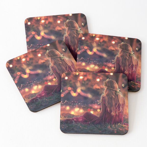 Item preview, Enchanted Backyard Reverie of a Stylish Blonde Girl in a Pink Dress under Festive Fairy Lights on a Warm Summer Night designed and sold by CheerForGoods.