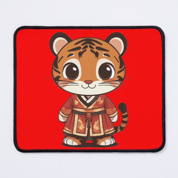 Item preview, A cute and cheerful cartoon-style tiger dressed in an intricate red traditional outfit with gold accents designed and sold by ImagineCorner.
