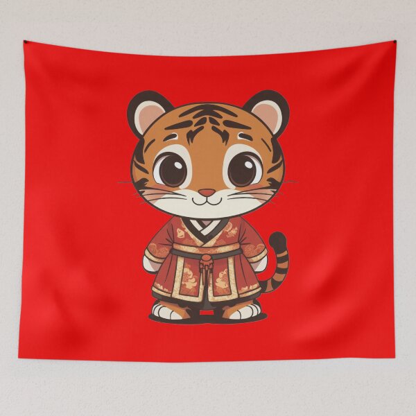Item preview, A cute and cheerful cartoon-style tiger dressed in an intricate red traditional outfit with gold accents designed and sold by ImagineCorner.