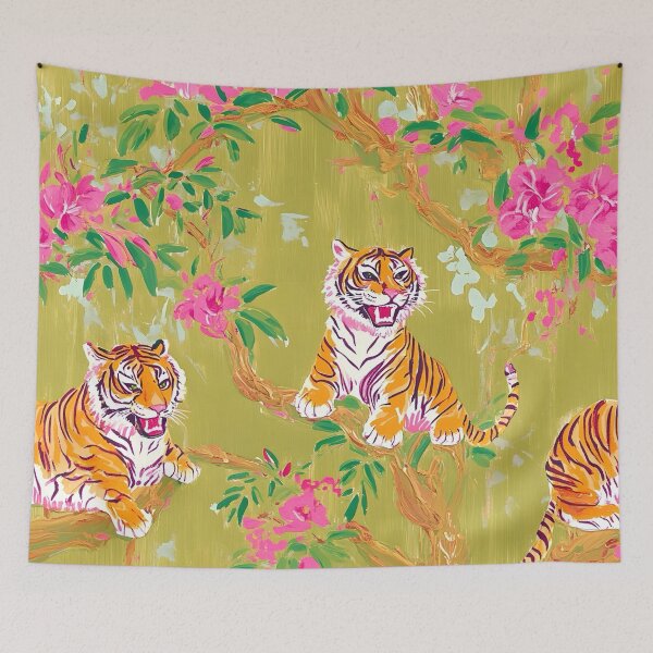 Item preview, Tiger in chinoiserie garden oil painting designed and sold by SophieClimaArt.