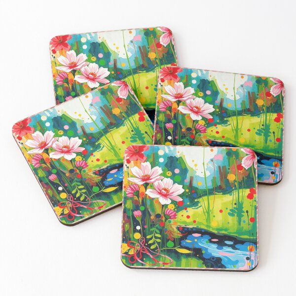 Item preview, Colorful blossoms in the foreground of a gentle stream - watercolor artwork designed and sold by FotoworldEdel.