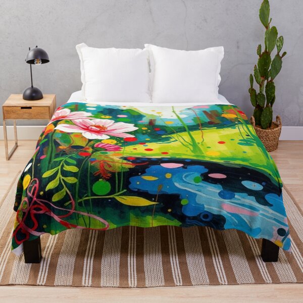 Item preview, Colorful blossoms in the foreground of a gentle stream - watercolor artwork designed and sold by FotoworldEdel.
