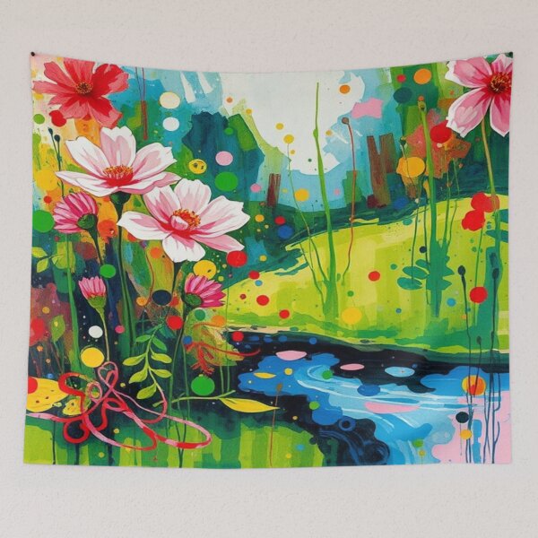Item preview, Colorful blossoms in the foreground of a gentle stream - watercolor artwork designed and sold by FotoworldEdel.