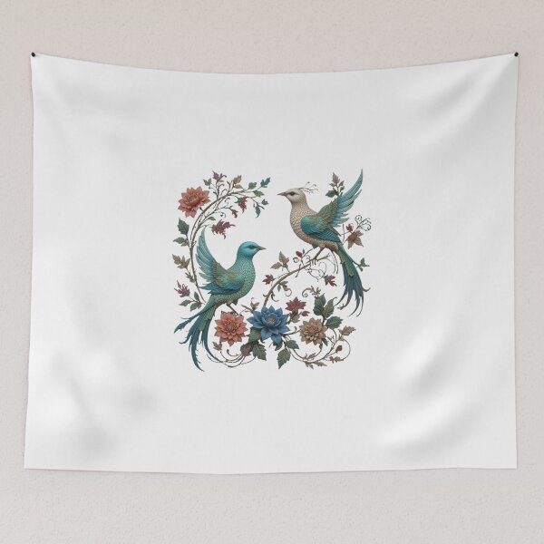 Item preview, Blooming Nature, embroidered t-shirt, colorful birds, nature, flowers, floral illustration, bohemian art, eco-responsible fashion, elegance, softness, serenity, natural style designed and sold by PrintFusion57.