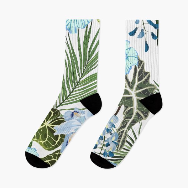 Item preview, Alocasia plant, palm leaves and blue tropical flowers. designed and sold by MatyKotiv.