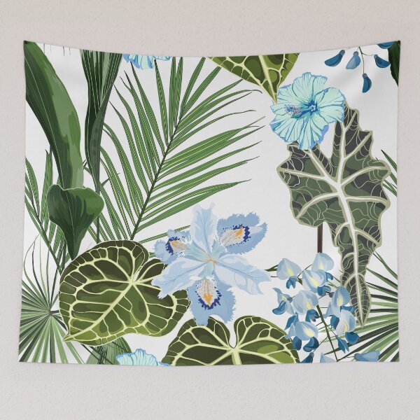 Item preview, Alocasia plant, palm leaves and blue tropical flowers. designed and sold by MatyKotiv.