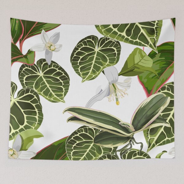 Item preview,  Alocasia plant, palm leaves and orange flowers illustration. designed and sold by MatyKotiv.