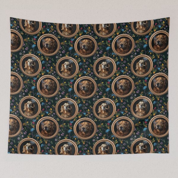 Item preview, Vintage Museum Wall - Whimsical Smoking Golden Retriever Famous dog Portraits by Great Masters Black Floral Nightgarden designed and sold by UtArt.
