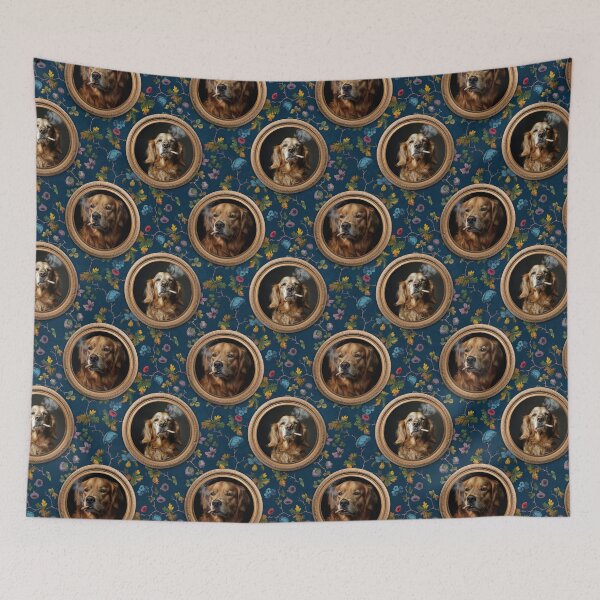 Item preview, Vintage Museum Wall - Whimsical Smoking Golden Retriever Famous dog Portraits by Great Masters Blue Floral Nightgarden designed and sold by UtArt.