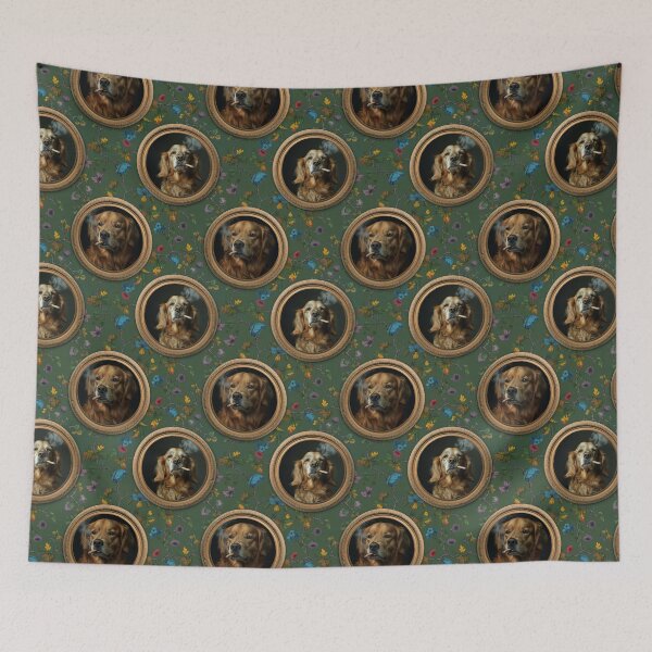 Item preview, Vintage Museum Wall - Whimsical Smoking Golden Retriever Famous dog Portraits by Great Masters Green Floral Nightgarden designed and sold by UtArt.