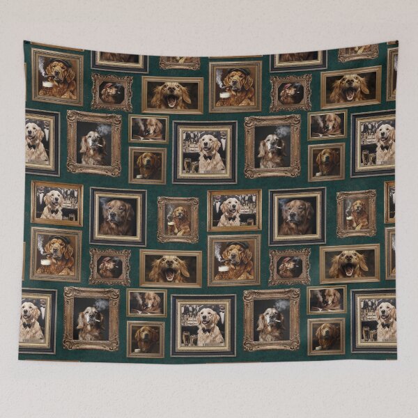 Item preview, Vintage Museum Wall - Whimsical Smoking Drinking Beer Golden Retriever Famous dog Portraits by Great Masters Green Damask Nightgarden designed and sold by UtArt.