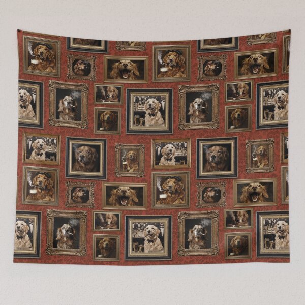 Item preview, Vintage Museum Wall - Whimsical Smoking Drinking Beer Golden Retriever Famous dog Portraits by Great Masters Brown Damask Nightgarden designed and sold by UtArt.