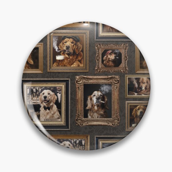 Item preview, Vintage Museum Wall - Whimsical Smoking Drinking Beer Golden Retriever Famous dog Portraits by Great Masters Gray Damask Nightgarden designed and sold by UtArt.
