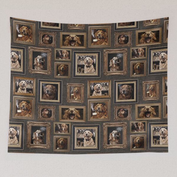 Item preview, Vintage Museum Wall - Whimsical Smoking Drinking Beer Golden Retriever Famous dog Portraits by Great Masters Gray Damask Nightgarden designed and sold by UtArt.