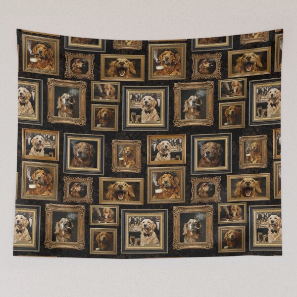 Item preview, Vintage Museum Wall - Whimsical Smoking Drinking Beer Golden Retriever Famous dog Portraits by Great Masters Black Damask Nightgarden designed and sold by UtArt.
