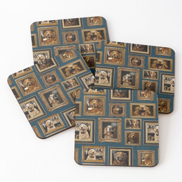 Item preview, Vintage Museum Wall - Whimsical Smoking Drinking Beer Golden Retriever Famous dog Portraits by Great Masters Blue Damask Nightgarden designed and sold by UtArt.