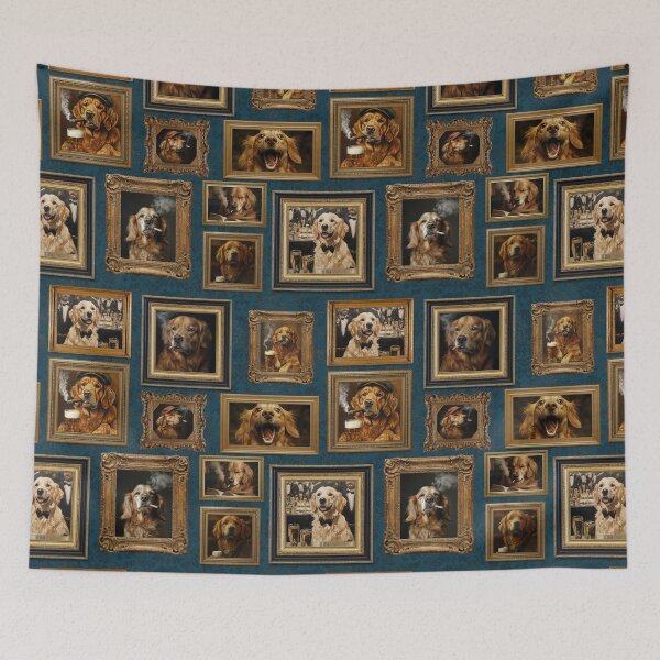 Item preview, Vintage Museum Wall - Whimsical Smoking Drinking Beer Golden Retriever Famous dog Portraits by Great Masters Blue Damask Nightgarden designed and sold by UtArt.