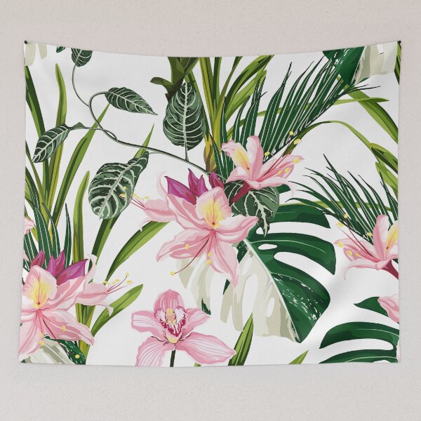 Item preview, Pink Oleander Rhododendron tropical flowers and palm leaves. designed and sold by MatyKotiv.