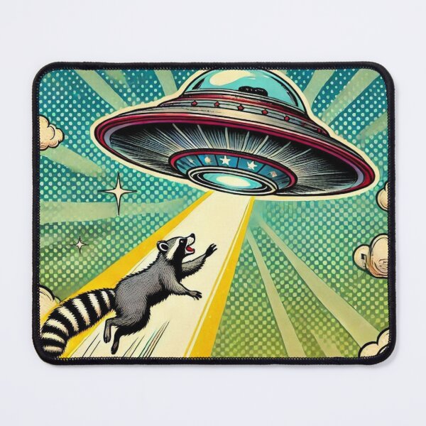 Item preview, Ufo raccoon abduction pop art comic style , the flying trash panda designed and sold by coloursforkids.