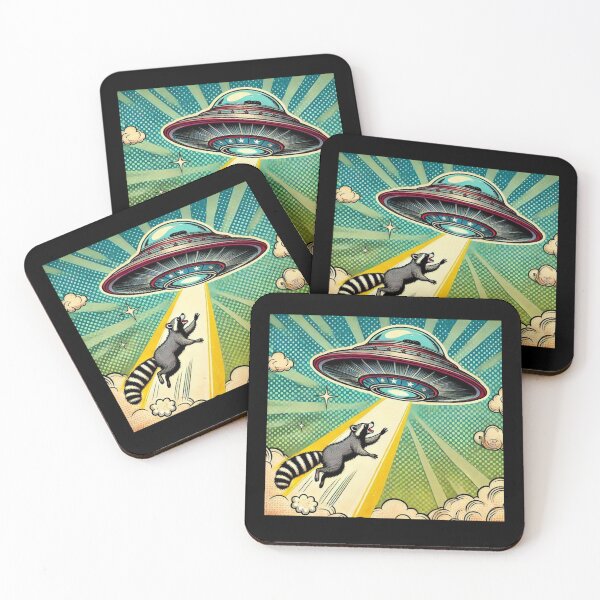 Item preview, Ufo raccoon abduction pop art comic style , the flying trash panda designed and sold by coloursforkids.