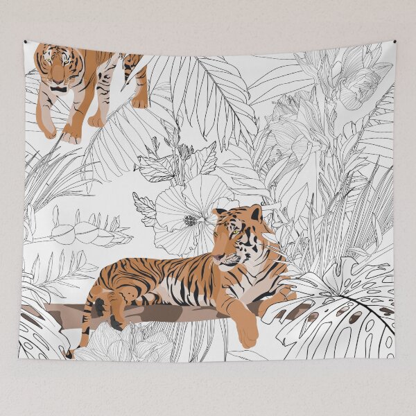 Item preview, Tropical tiger animal, palm leaves, white background. designed and sold by MatyKotiv.
