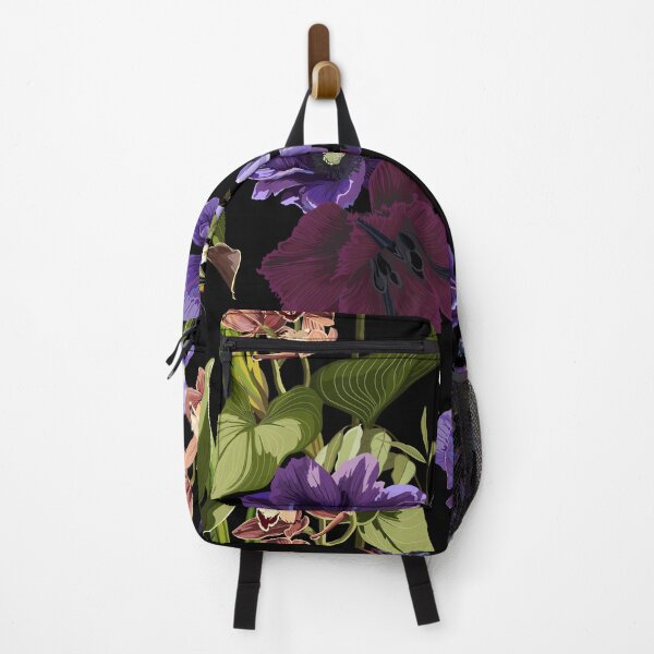 Item preview, Violet tropical flower pattern, buds and leaves on black background.  designed and sold by MatyKotiv.