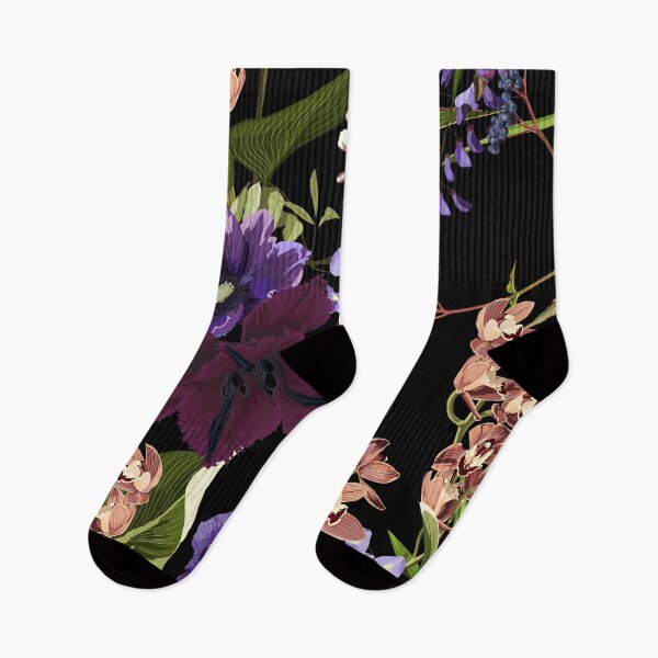 Item preview, Violet tropical flower pattern, buds and leaves on black background.  designed and sold by MatyKotiv.