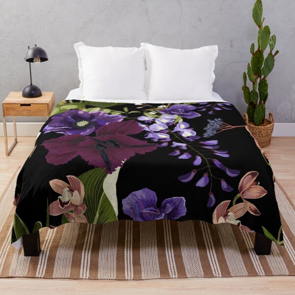 Item preview, Violet tropical flower pattern, buds and leaves on black background. designed and sold by MatyKotiv.