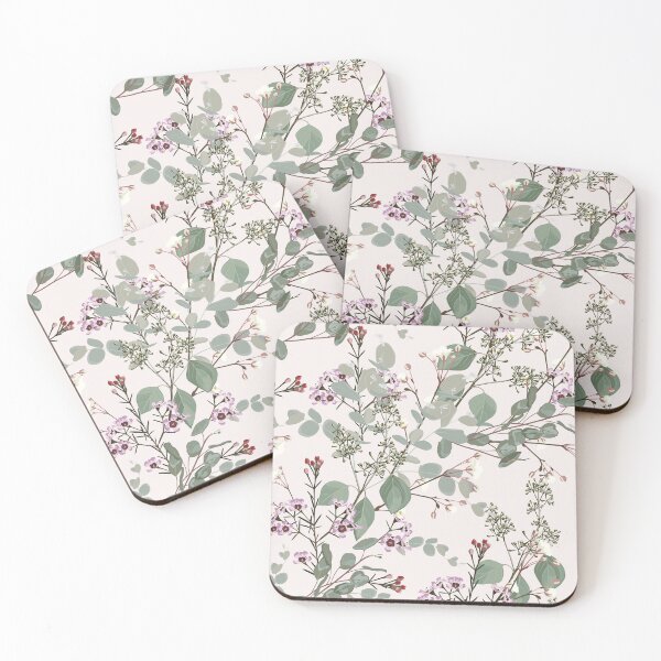 Item preview, Simple herbal pattern with pink flowers and Eucalyptus silver dollar.  designed and sold by MatyKotiv.