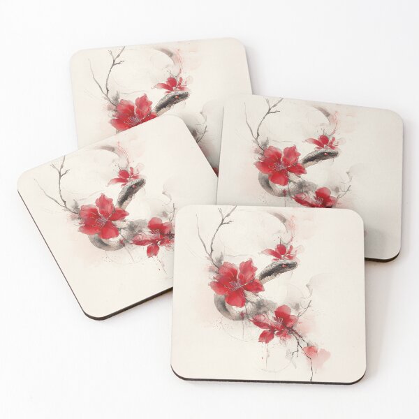 Item preview, Snake and Red Flowers Artistic Illustration, Chinese new year designed and sold by FlyingDreamsArt.