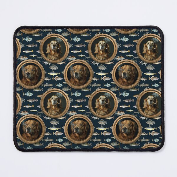 Item preview, Vintage Museum Wall - Whimsical Smoking Golden Retriever Famous dog Portraits by Great Masters Dark Blue Fishes Nightgarden designed and sold by UtArt.