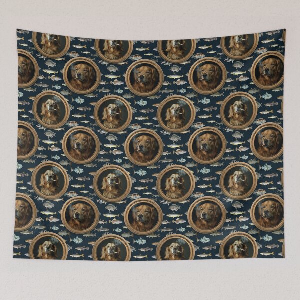 Item preview, Vintage Museum Wall - Whimsical Smoking Golden Retriever Famous dog Portraits by Great Masters Dark Blue Fishes Nightgarden designed and sold by UtArt.