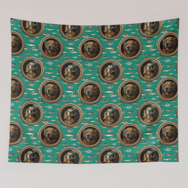 Item preview, Vintage Museum Wall - Whimsical Smoking Golden Retriever Famous dog Portraits by Great Masters Green Fishes Nightgarden designed and sold by UtArt.