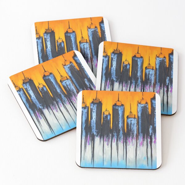 Item preview, "Urban Skyline Art with Textured Dark Buildings and Amber Background" designed and sold by IINSPIRA.