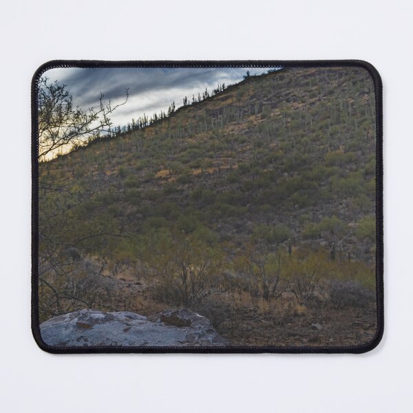 Artikelvorschau, Ein Berg in Tucson, Arizona, mit felsigem Vordergrund führt zu einem Hügel, der mit spärlicher Vegetation und Kakteen bedeckt ist, unter einem dramatischen Himmel entworfen und verkauft von EyezWatchin.
