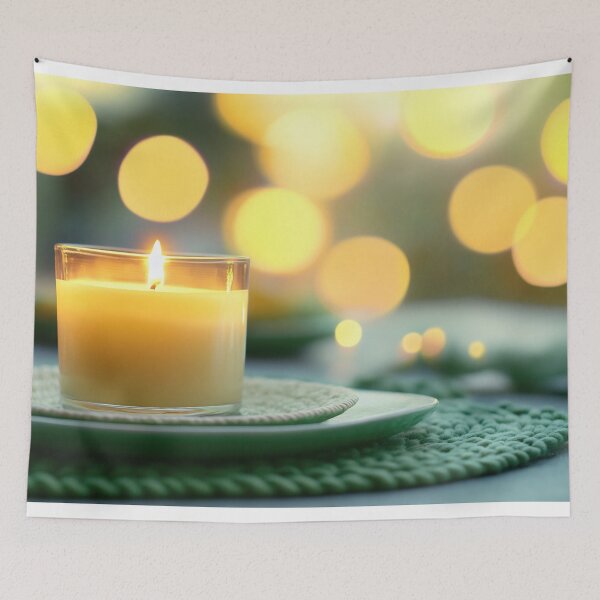 Item preview, A calming candle illuminates a cozy table setting with warm bokeh lights in the background during evening relaxation time designed and sold by anytka.