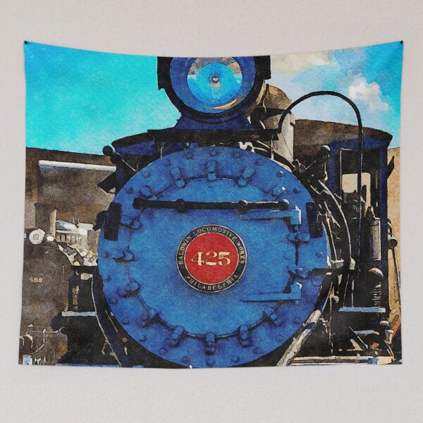 Artikelvorschau, Aquarellmalerei einer alten Dampflokomotive unter einem strahlend blauen Himmel entworfen und verkauft von GestaltImagery.