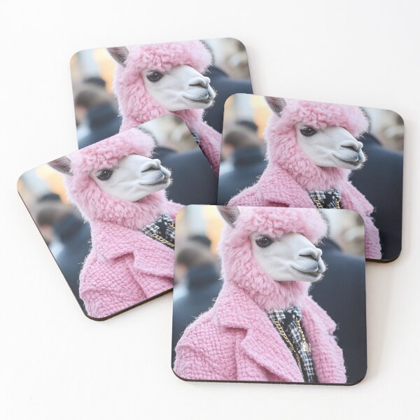 Item preview, A creative depiction of a llama in a stylish pink coat with a unique face mask at a vibrant outdoor event designed and sold by anytka.