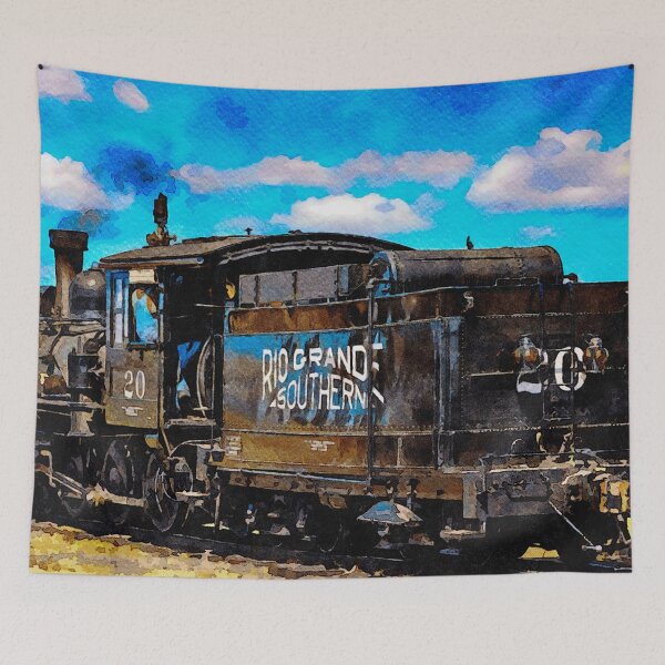 Artikelvorschau, Aquarelldarstellung der Rio Grande Southern Dampflokomotive unter einem lebhaften Himmel entworfen und verkauft von GestaltImagery.