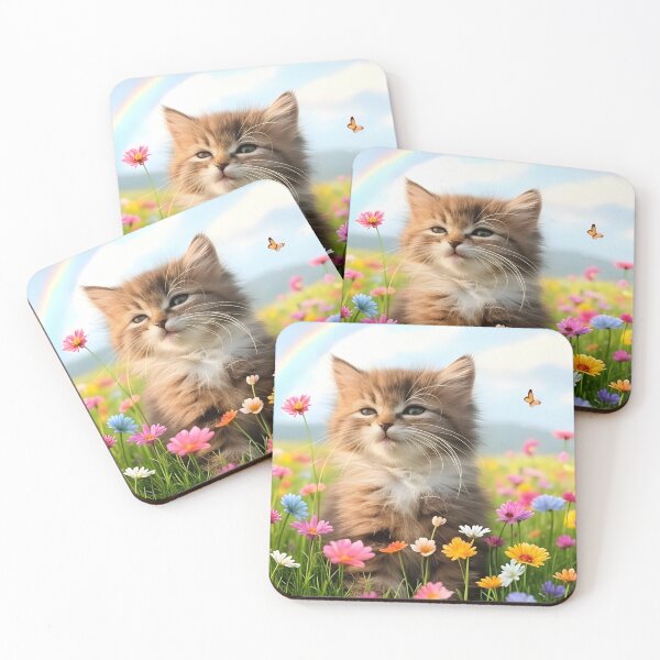 Item preview, a fluffy tabby kitten in a flowery field with butterflies designed and sold by Fluffy-Fields.