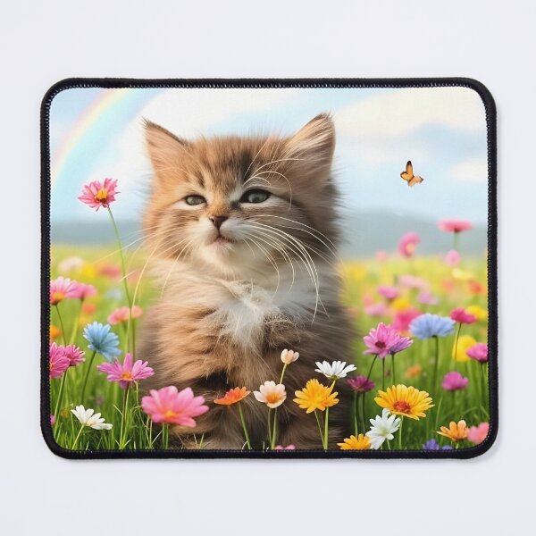 Item preview, a fluffy tabby kitten in a flowery field with butterflies designed and sold by Fluffy-Fields.