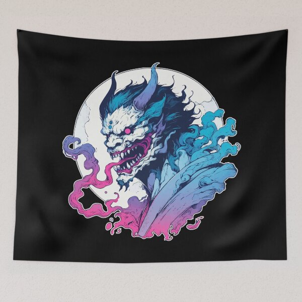 Item preview, Cool Japanese Oni Demon Ogre Pink Blue designed and sold by TomFrontierArt.